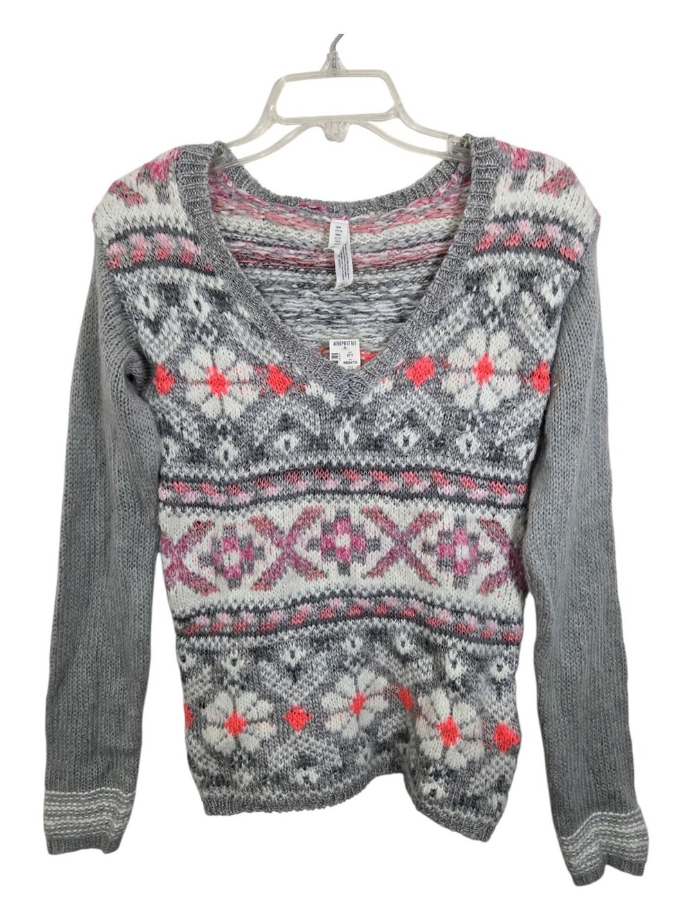 NWT Aeropostale YTK Style Fair Isle Wool Blend Sweater Medium Grey Pink